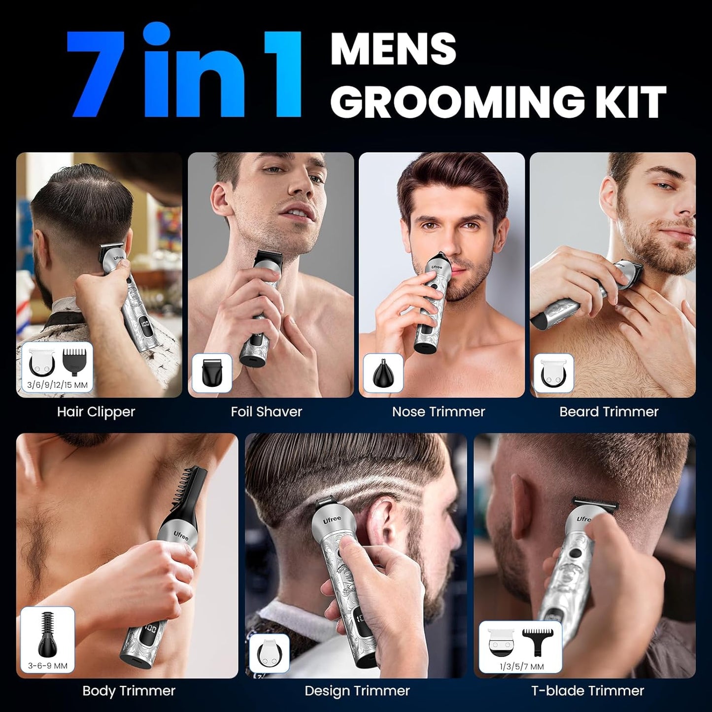 Ufree Beard Trimmer for Men, 7 in 1 Electric Shavers Razor, Cordless Hair Trimmer, Men's Grooming Kit for Body Hair, Nose, Face & Mustache, Birthday Gifts for Men, Husband Father