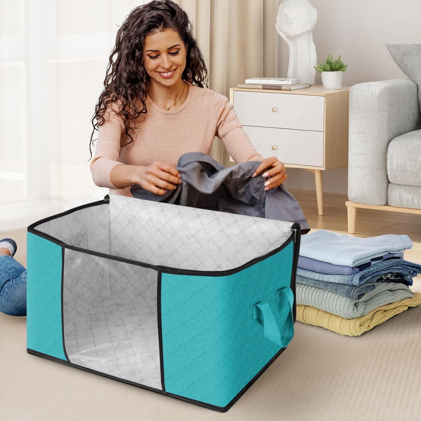 Fab totes 8 Pack Clothes Storage, Foldable Thick Fabric Blanket Storage Bags, Containers for Organizing Bedroom, Closet, Clothing, Comforter,Closet Organization with Handle,Green