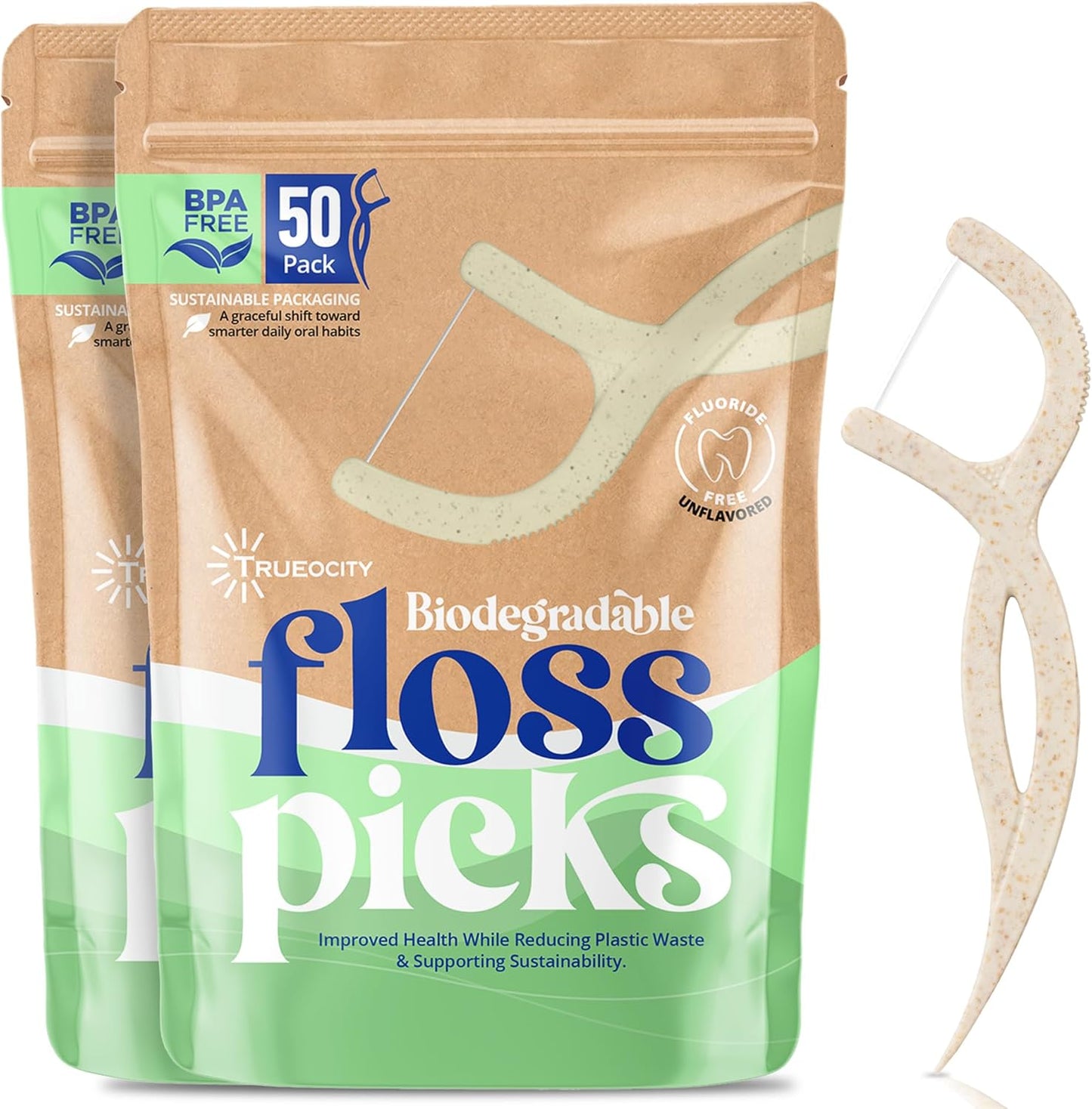 Biodegradable Floss Picks, Natural & Organic Floss Picks, Eco-Friendly Tooth Flossers, Ideal for Adults, Gentle & Effective Flossing, Fresh Breath, Sustainable Oral Care (100 Units)