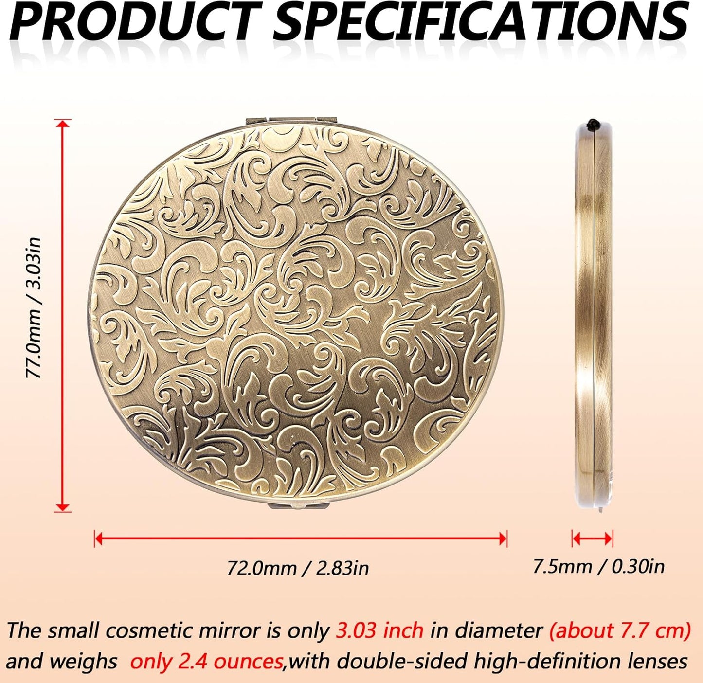 Portable Compact Metal Folding Makeup Mirrors, Beautiful and Elegant,1X/2X Magnifier. (Bronze)