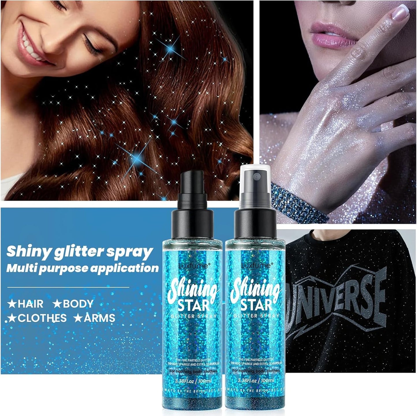 Body Glitter Spray & Glitter Hairspray - Ultra Shiny, Long - Lasting, Quick - Dry & Waterproof. Clog - Resistant Nozzle. Perfect for Parties, Dances and All Glamourous Occasions Bule