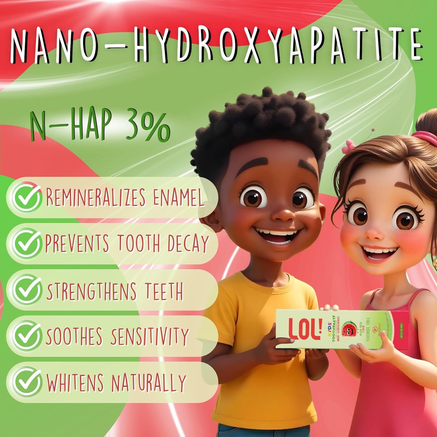 LOL Kids Toothpaste No Fluoride, Nano Hydroxyapatite Toothpaste, Probiotics, Xylitol Tooth Paste Kids | Remineralizing | Natural | Plant-Based Foam | Pasta De Dientes para Niños (Watermelon)