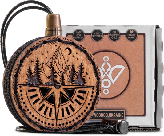 Wood Car Air Freshener — Compass Mountains — Handmade Unscented DIY Essential Oil Hanging Diffuser with Felt Insert — Add Your Own Oils — Refillable — Car/Truck/SUV — Cardboard Box
