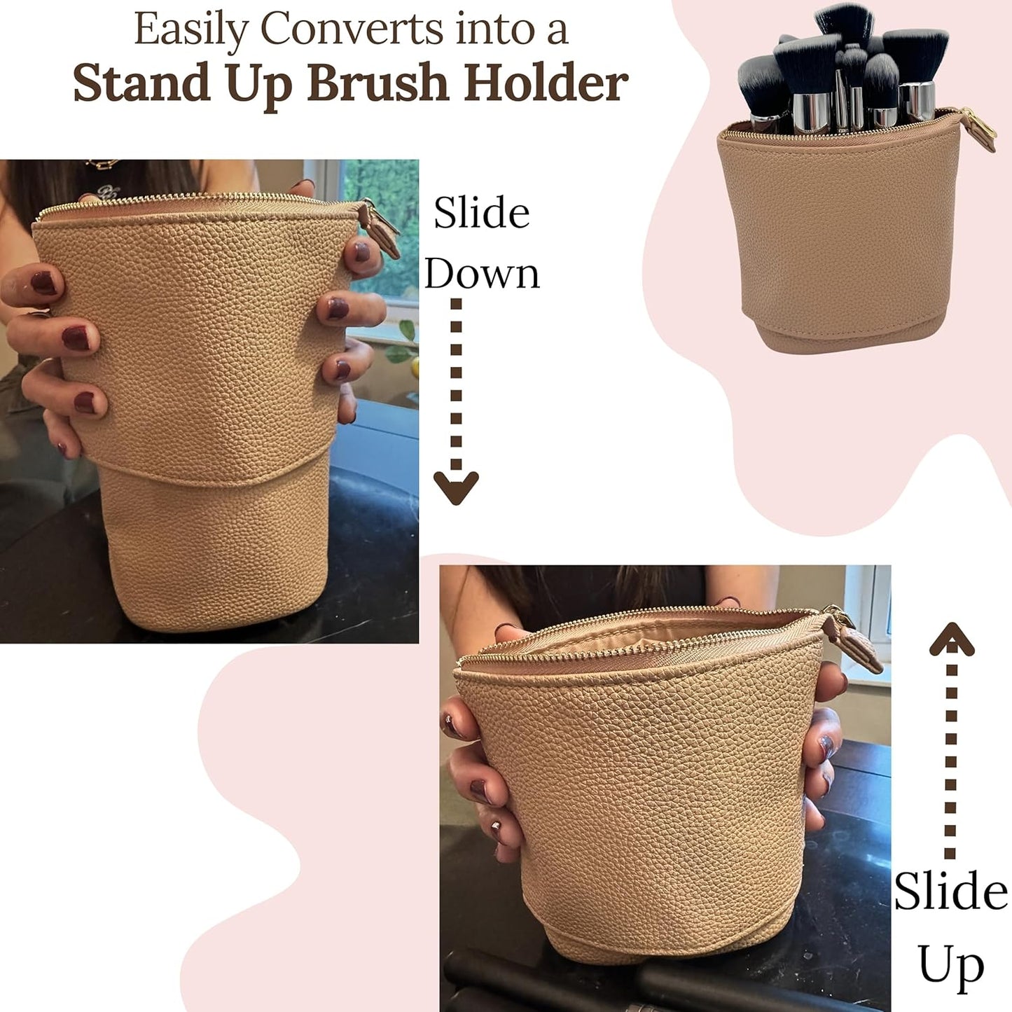 JAZD Convertible Travel Makeup Brush Bag, Stand-Up Brush Holder Pouch For Easy Access, Cosmetic Case Organizer (BLACK)