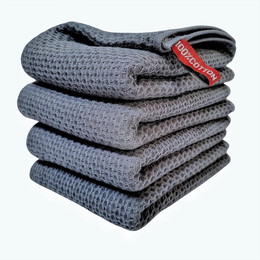Kitchen Towels 100% Cotton Waffle Weave Dish Towel for Cleaning Drying Dishes Extra Absorbent and Soft, Dish Cloth,13 x 28 Inch(Darkgrey-4 Pack)
