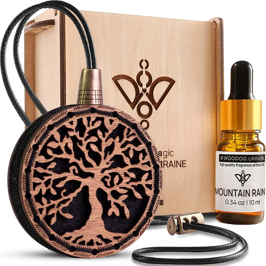 Wood Car Air Freshener — Handmade Car Air Freshener — Tree Of Life Designed Fragrance Oil Diffuser in Wooden Gift Box — Aromatherapy Gift Set with Mountain Rain Fragrance Oil - 10 ml