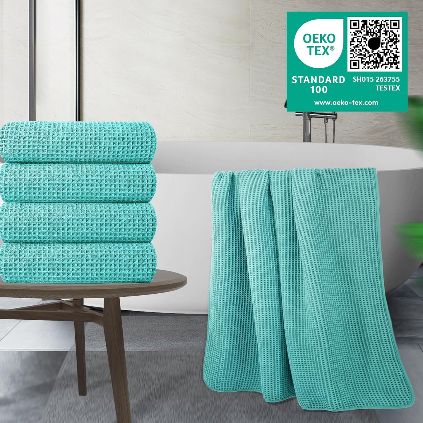 POLYTE Microfiber Oversize Quick Dry Lint Free Bath Towel, 60 x 30 in, 4 Pack (Waffle Weave)