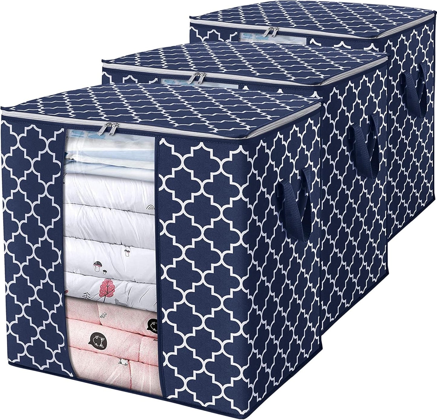 WISELIFE Storage Bags 3 Pack/100L Large Blanket Clothes Organization and Storage Containers for Comforters,Bedding, Foldable Organizer with Reinforced Handle, Clear Window, Sturdy Zippers,Blue