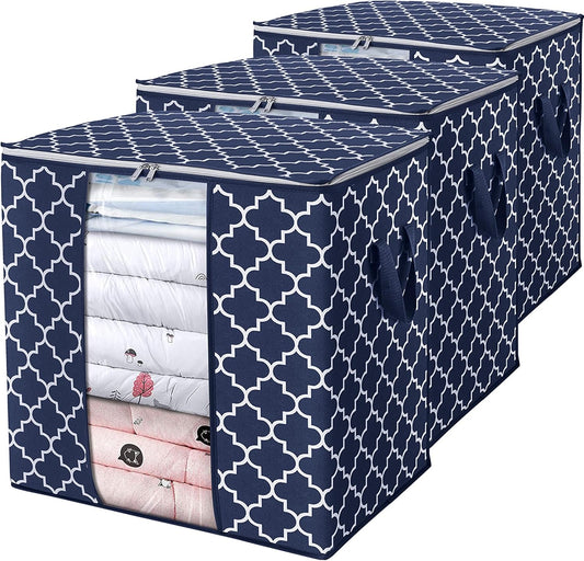 WISELIFE Storage Bags 3 Pack/100L Large Blanket Clothes Organization and Storage Containers for Comforters,Bedding, Foldable Organizer with Reinforced Handle, Clear Window, Sturdy Zippers,Blue