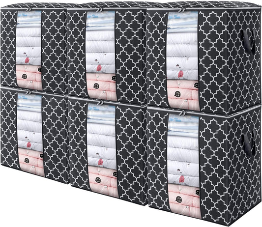 WISELIFE Storage Bags 6 Pack/100L Large Blanket Clothes Organization and Storage Containers for Comforters,Bedding, Foldable Organizer with Reinforced Handle, Clear Window, Sturdy Zippers,Black