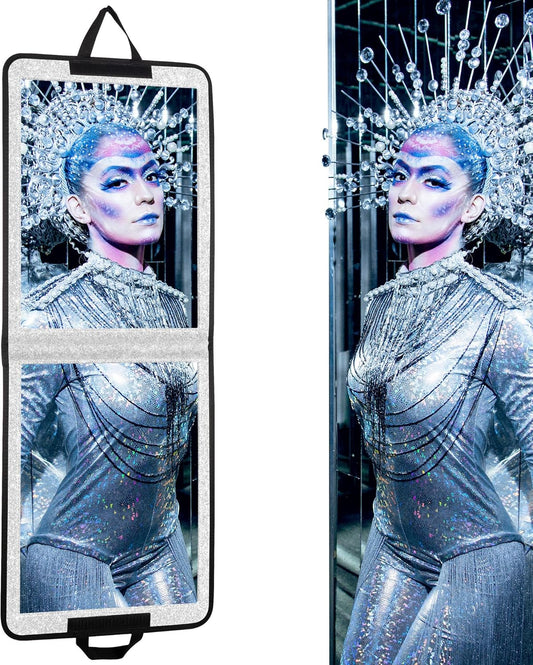 LPHUMEX Foldable Full Length Mirror Glitter Silver, 13x33 Portable Body Mirror for Travel, Dance, Festival Girls' Gift Choice