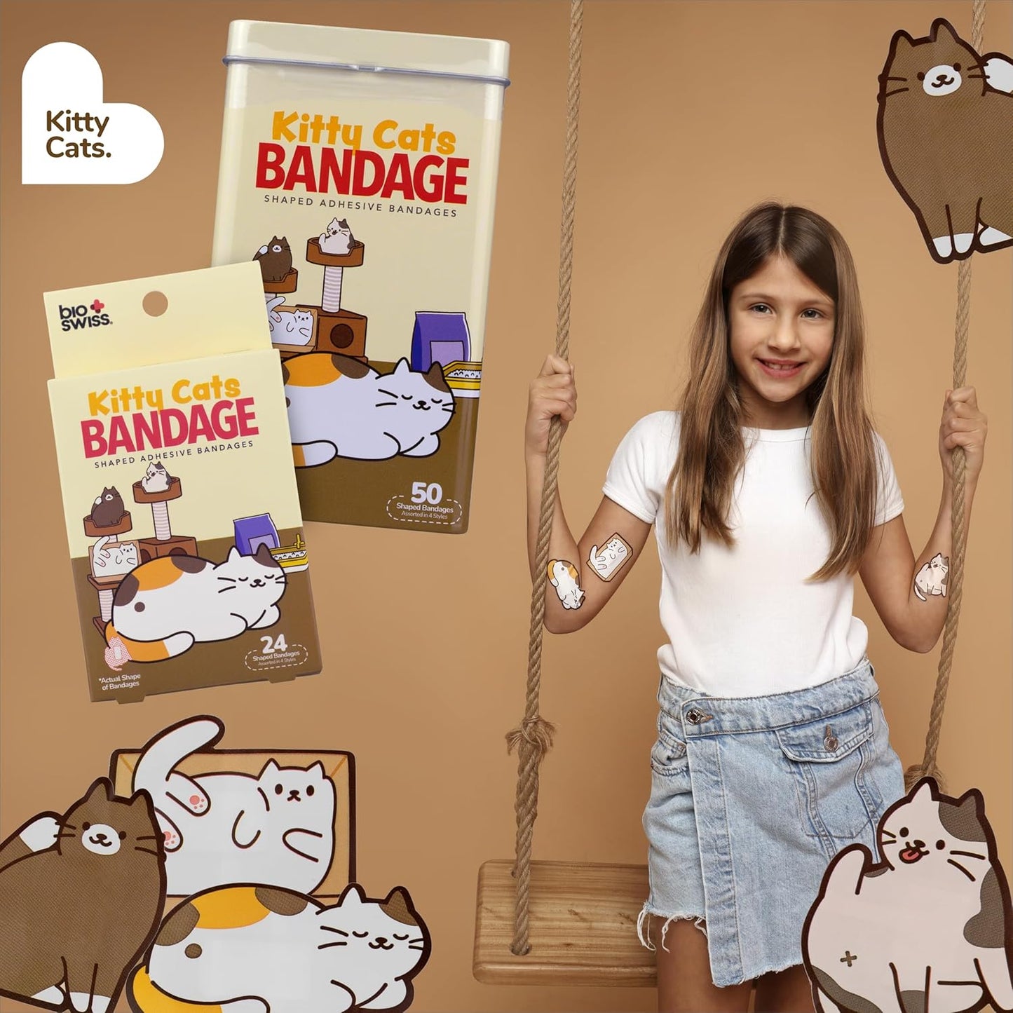 BioSwiss Kids Bandages, Kitty Cats Shaped Self Adhesive Bandage Set, Latex Free, Sterile Wound Care, 50 Count