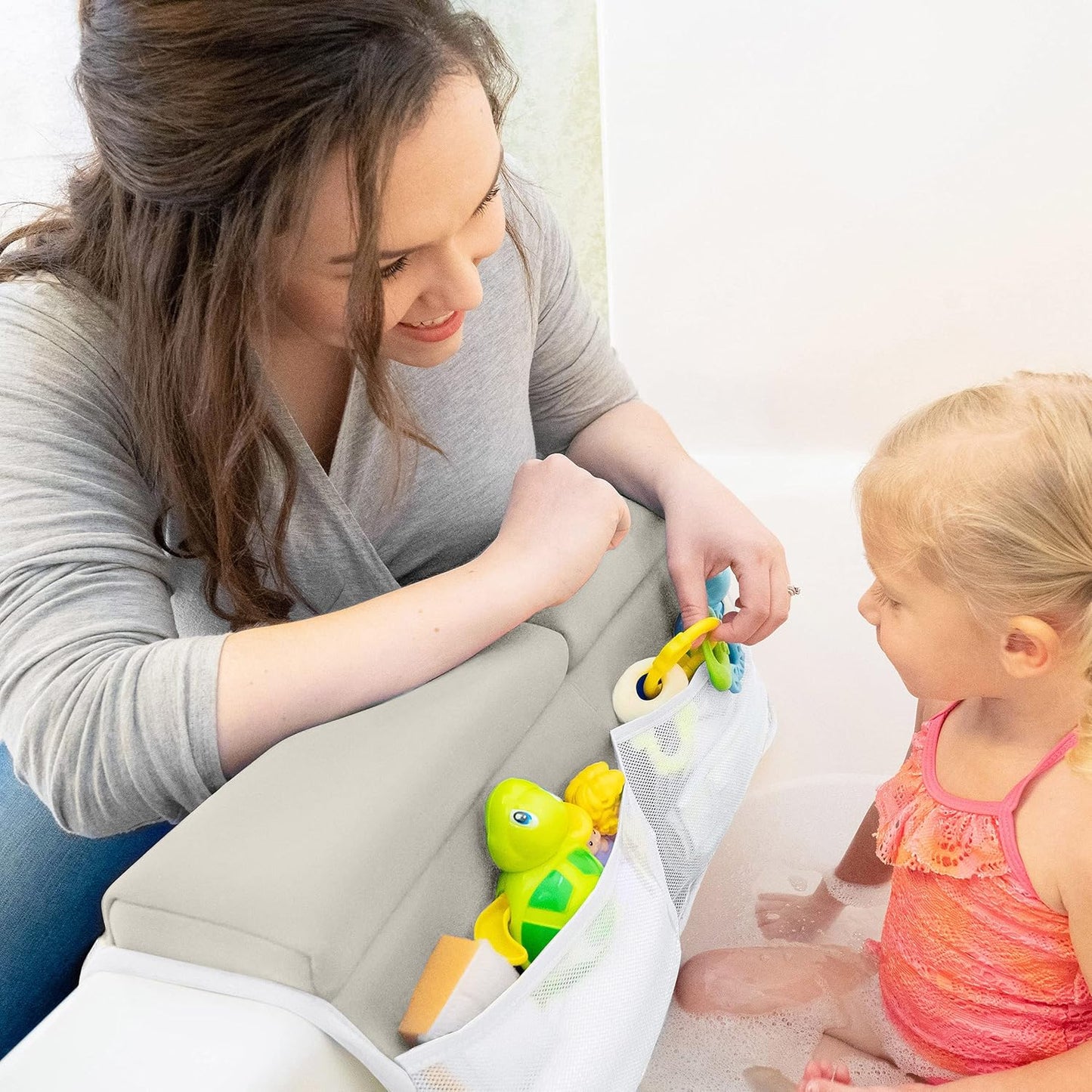 Bath Kneeler with Elbow Rest Pad Set, 1.75 inch Thick Kneeling Pad and Elbow Support for Knee Arm Support, Large Bathtub Kneeling Mat with Toy Organizer for Happy Baby Bathing Time, Beige