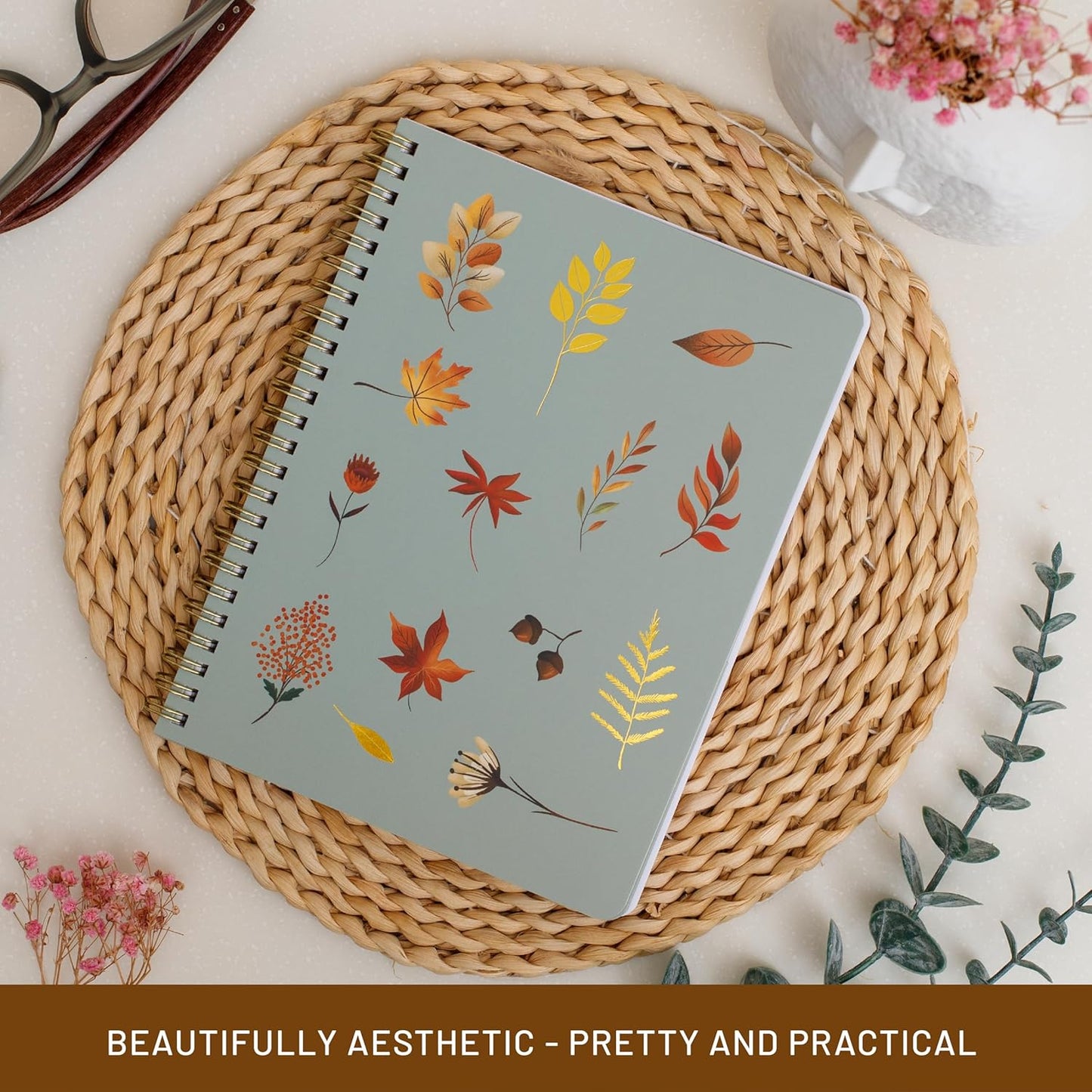 Happy Hoos® Aesthetic Spiral Notebook - 6.25" x 8.25" College Ruled Journal Notebook - Hard Cover Writing Journal for Work, School, Travel, More - Floral Notebook 8 Seasonal Designs (Fall Foliage)