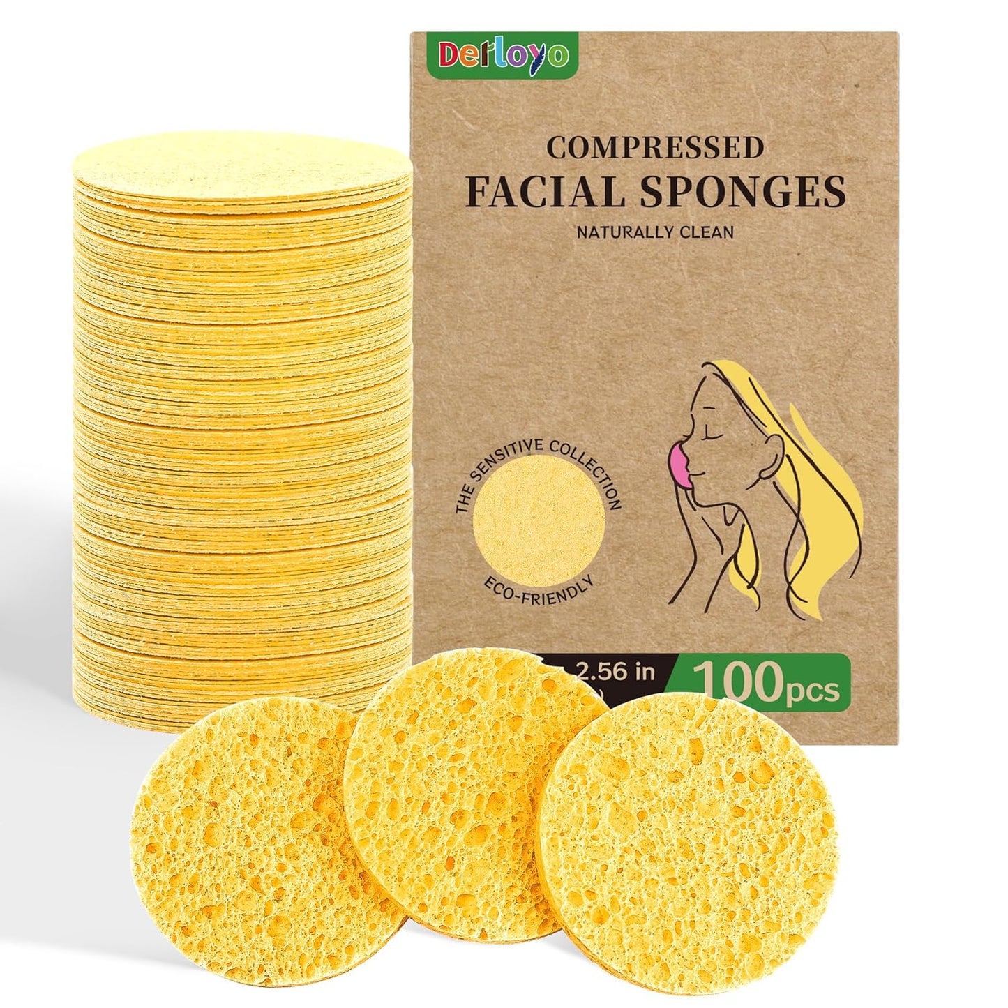 100-Count Compressed Facial Sponges, Natural Cosmetic Spa Sponges for Facial Cleansing, Exfoliating Mask, Makeup Remover, Travel Face Sponges - Yellow