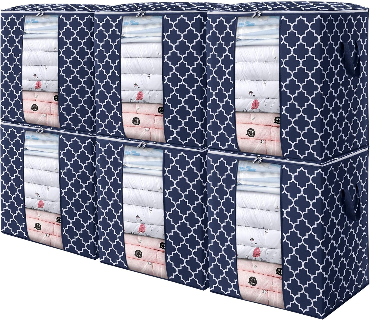 WISELIFE Storage Bags 6 Pack/100L Large Blanket Clothes Organization and Storage Containers for Comforters,Bedding, Foldable Organizer with Reinforced Handle, Clear Window, Sturdy Zippers,Blue