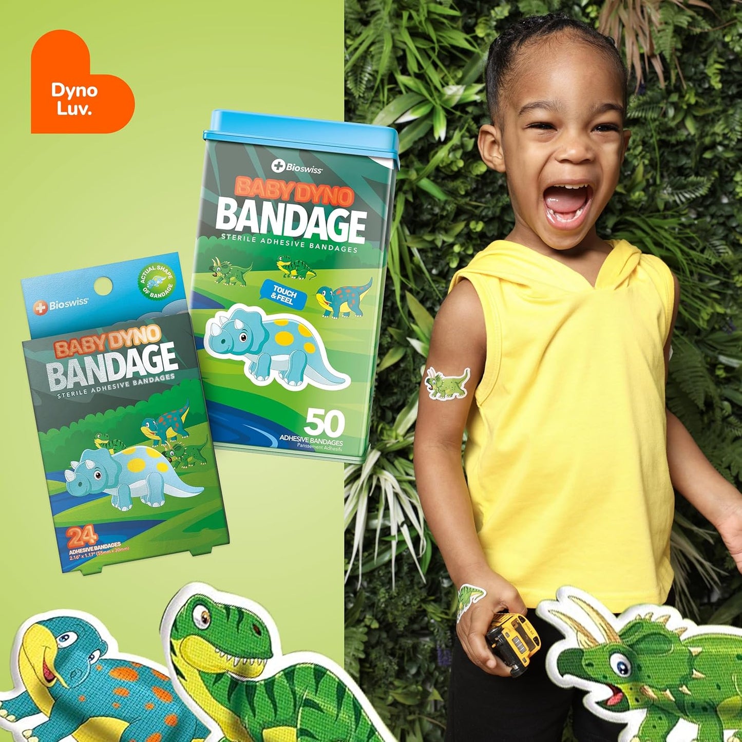 BioSwiss Kids Bandages, Baby Dino Shaped Self Adhesive Bandage Set, Latex Free, Sterile Wound Care, 50 Count