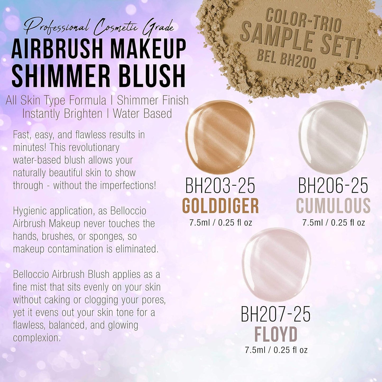Belloccio's Professional Flawless Airbrush Makeup Shimmer Shade Set (Trio Set) in 1/4 oz. Bottles (NEW FORMULA)