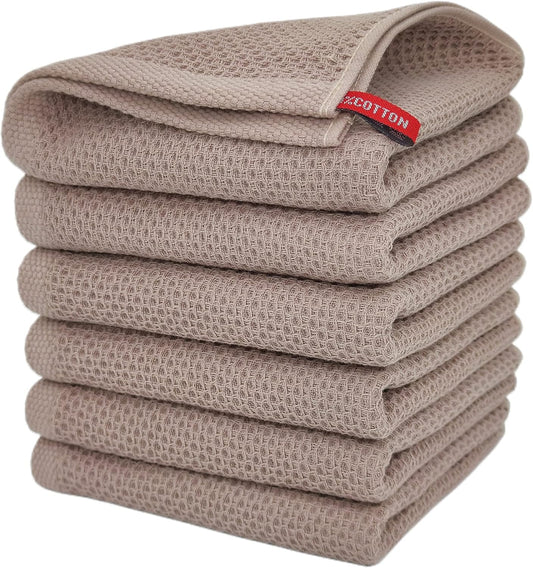 Kitchen Towels 100% Cotton Waffle Weave Dish Towel for Cleaning Drying Dishes Extra Absorbent and Soft, Dish Cloth,13 x 28 in (Brown-6 Pack)