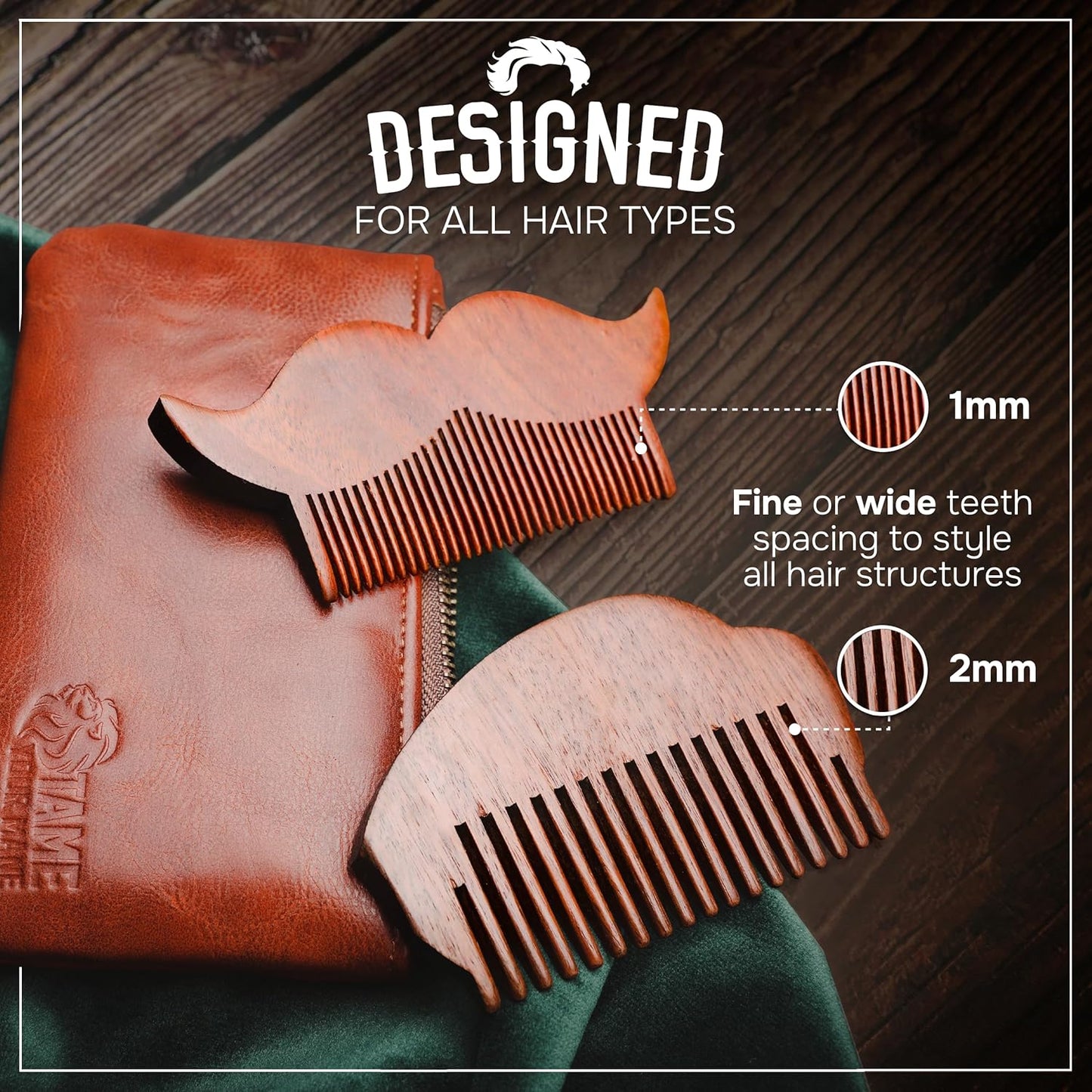 2-Piece Prazoli Mens Sandalwood Mustache, Beard & Hair Comb - Funny, Unique & Cool Gifts Ideas for Husband, Boyfriend, Dad & Man Anniversary | Fine Tooth Hair Care Grooming Set Kit | Mini Small Pocket