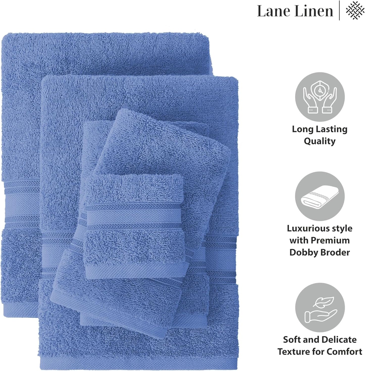 LANE LINEN 100% Cotton Luxury Bath Towel Set - 18 Pieces - Zero Twist, Quick Dry, Super Soft & Highly Absorbent - 6 Bath, 6 Washcloths, 6 Hand Towels for Bathroom - Pre Shrunk - Cerulean Blue