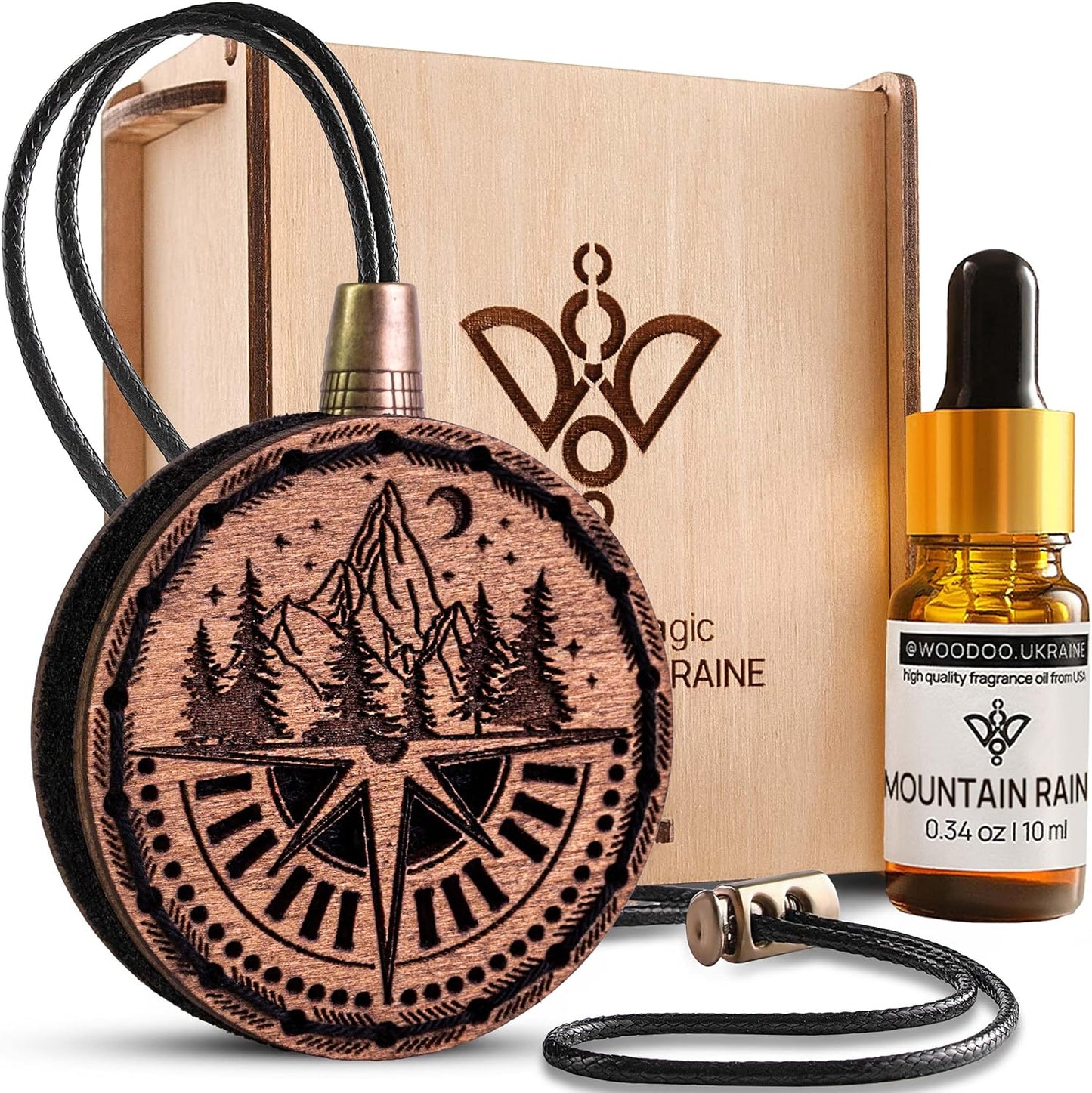 Wood Car Air Freshener — Handmade Car Air Freshener — Compass Mountains Designed Fragrance Oil Diffuser in Wooden Gift Box — Aromatherapy Set with Mountain Rain Fragrance Oil - 10 ml