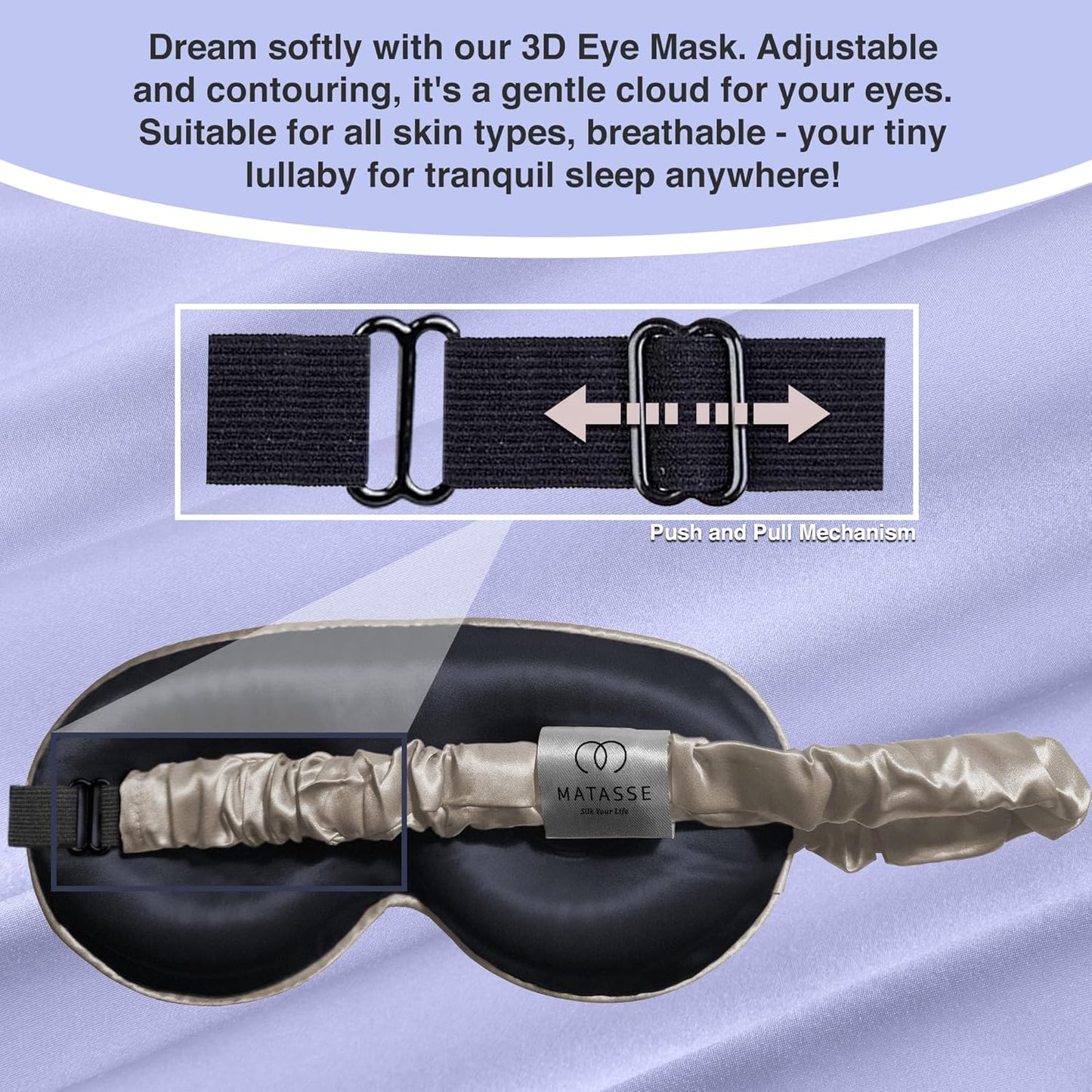 MATASSE Silk Eye Mask for Sleeping with Adjustable Elastic Band - 3D Contoured, Eye Cover Sleep Mask w/Genuine Mulberry Silk Including The Strap for Women, Men (Champagne/Black)