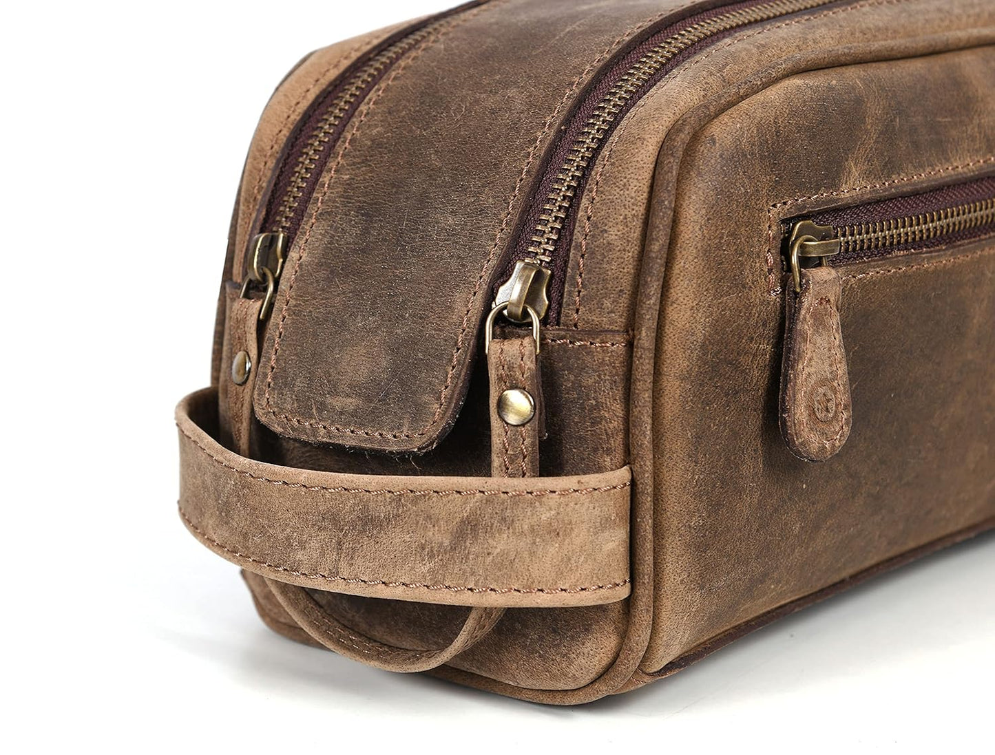 10" Premium Leather Toiletry Travel Pouch With Waterproof Lining Black Color | King-Size Handcrafted Vintage Shaving Kit By Aaron Leather Goods (Brown)