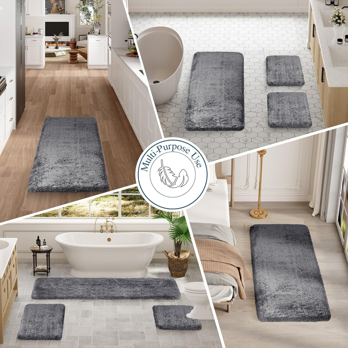 Walensee Dark Grey High Pile Bath Mat, 24" x 60", Extra Soft, Absorbent, Non-Slip, Machine Washable, Luxury Bathroom Rug for Bathroom