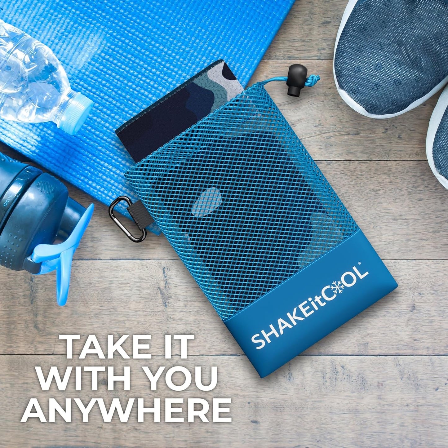 SHAKEitCOOL Extended Size Cooling Towel – Be Cool in Style - Heat Relief, Soft, Lightweight, Sun Protection, Easy Clean - Perfect for Biking, Hiking, Running, Yoga, Golf, Gardening - Blue Ocean M