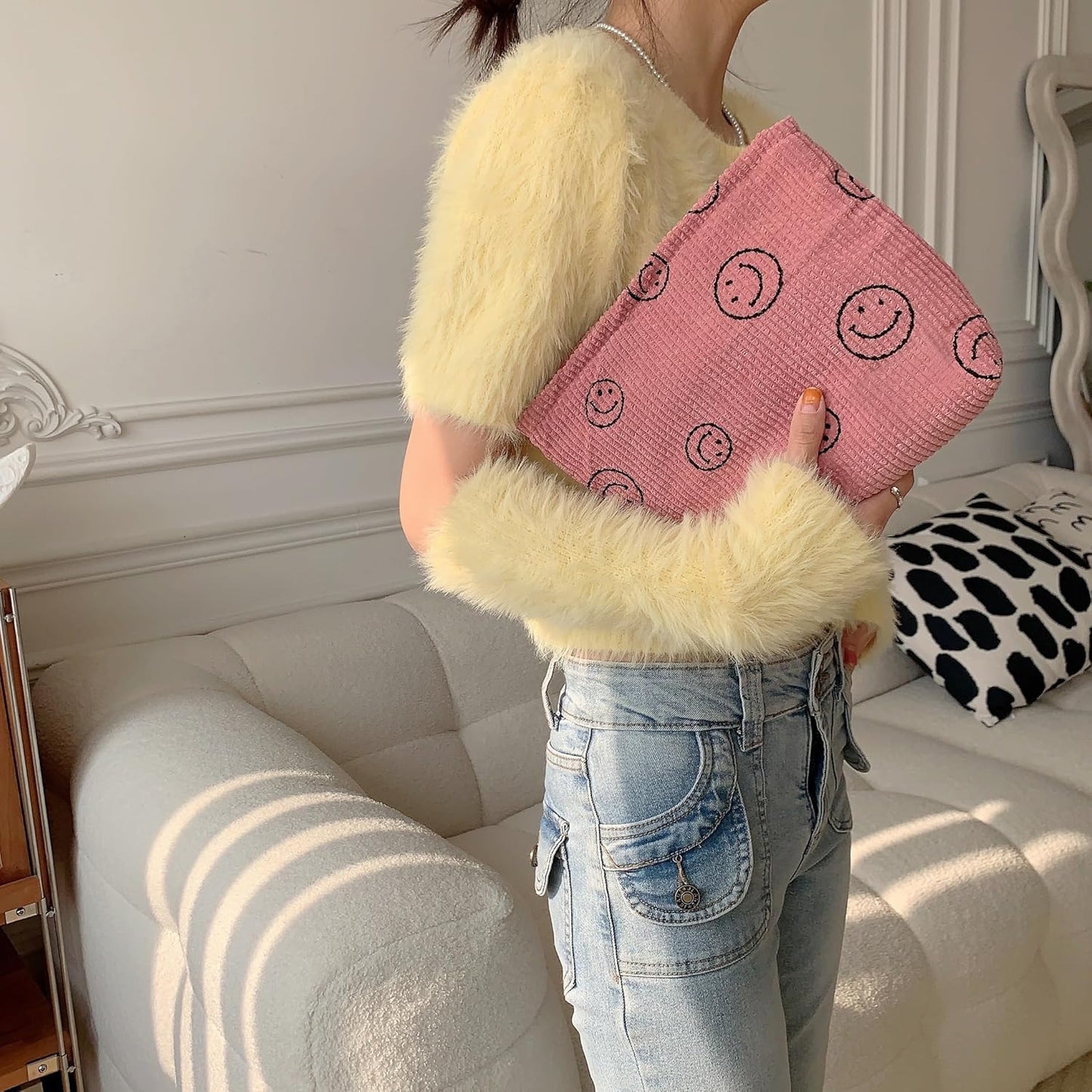 Cosmetic Bags for Women - Corduroy Cosmetic Bag Aesthetic Women Handbags Purses Smile Dots Makeup Organizer Storage Makeup Bag Girls Case Bags (A-Black)