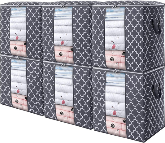 WISELIFE Storage Bags 6 Pack/100L Large Blanket Clothes Organization and Storage Containers for Comforters,Bedding, Foldable Organizer with Reinforced Handle, Clear Window, Sturdy Zippers,Gray