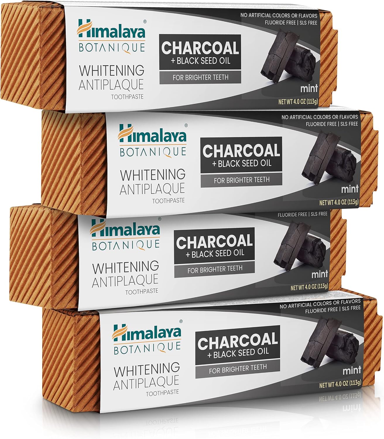 Himalaya Botanique Whitening Antiplaque Toothpaste with Charcoal + Black Seed Oil, Fluoride Free, for Whiter Teeth, 4 oz, 4 Pack