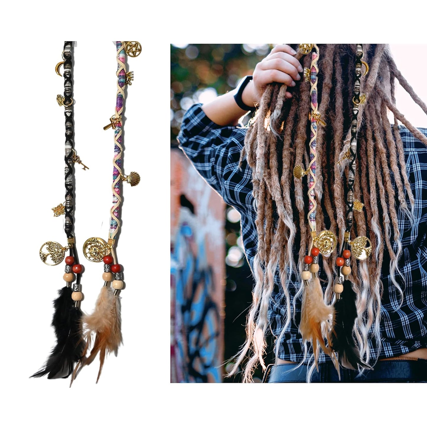 2 PCS Hippie Hair Extension Dreadlocks Hairclip Feather Beads Pendant Dread Wrap Hair Fall Hair Wrap Colorful Accessories for Dreads Braids Curls