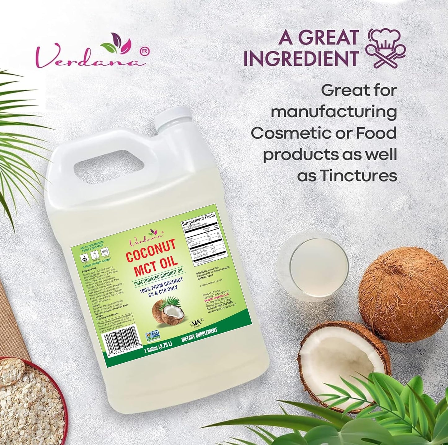 Verdana MCT Oil, Fractionated, 100% from Coconut - 1 Gallon - Kosher Food Grade, Vegan, Non-GMO - Great for Keto and Paleo Diet, Oil Pulling Oral Rinse Mouthwash (128 Fl Oz)