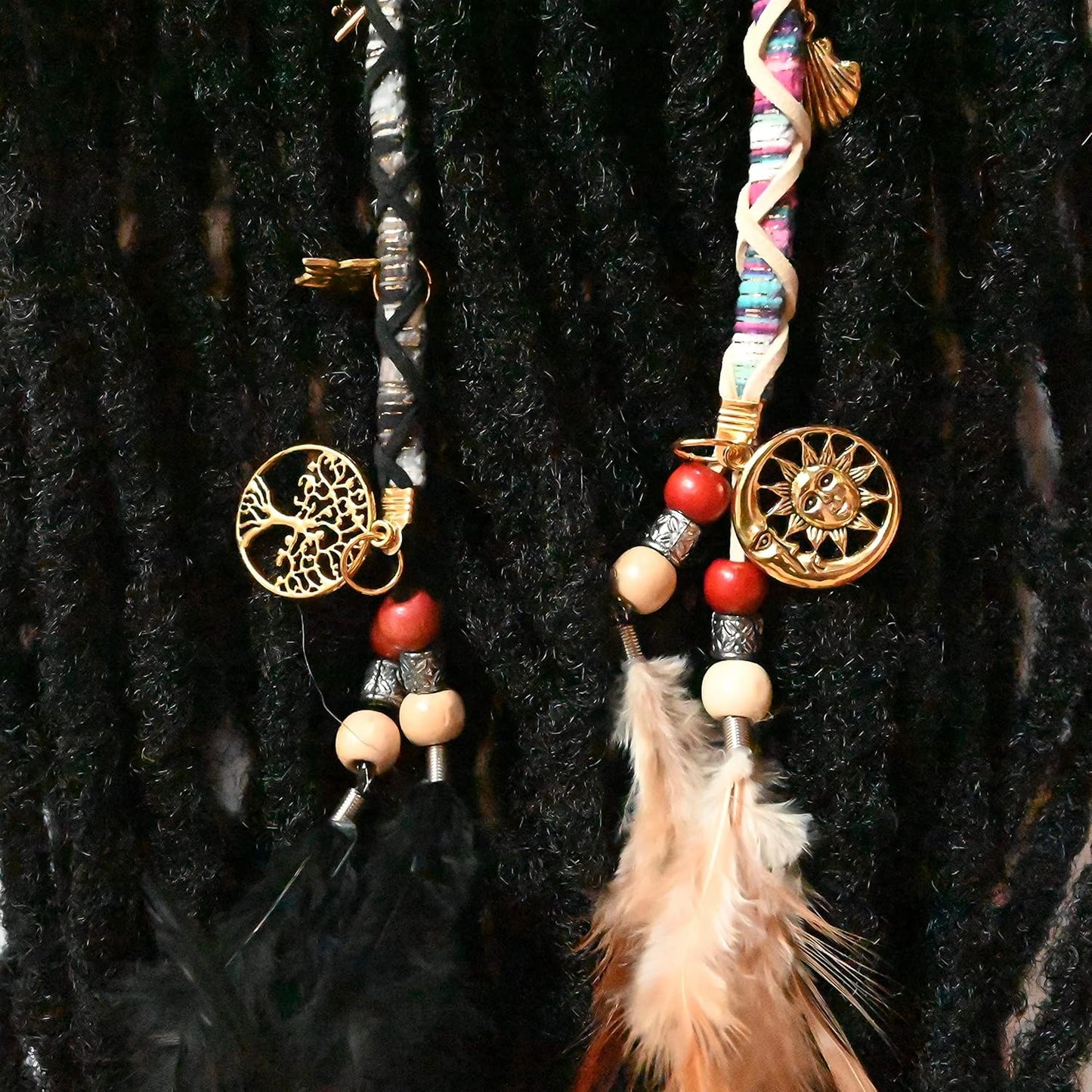 2 PCS Hippie Hair Extension Dreadlocks Hairclip Feather Beads Pendant Dread Wrap Hair Fall Hair Wrap Colorful Accessories for Dreads Braids Curls