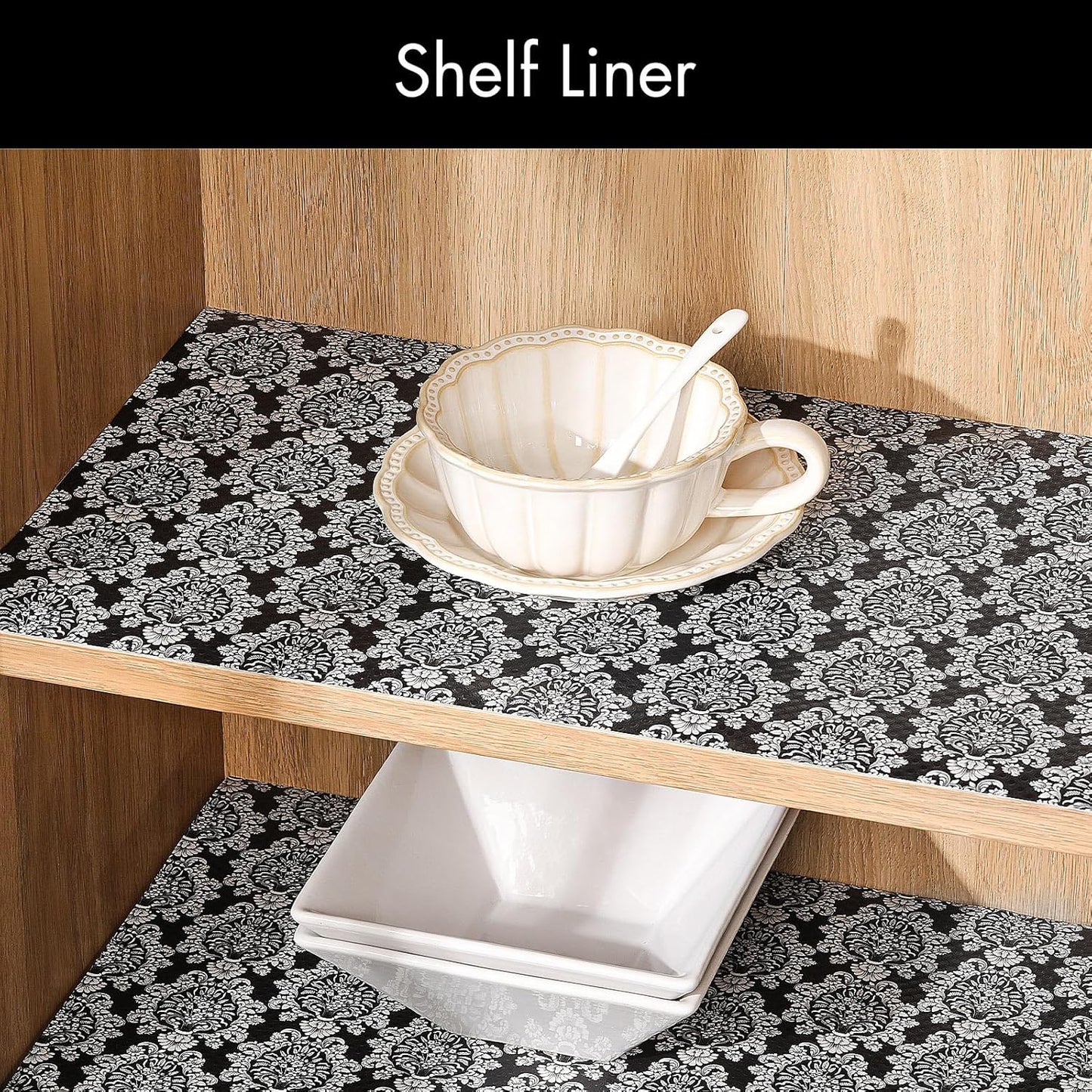 Cooyes Shelf and Drawer Liners for Kitchen Cabinets, Non-Adhesive Cabinet Liners, EVA Waterproof Durable Shelf Paper for Refrigerator, Shelves, Cupboard with European Pattern, Easy to Cut