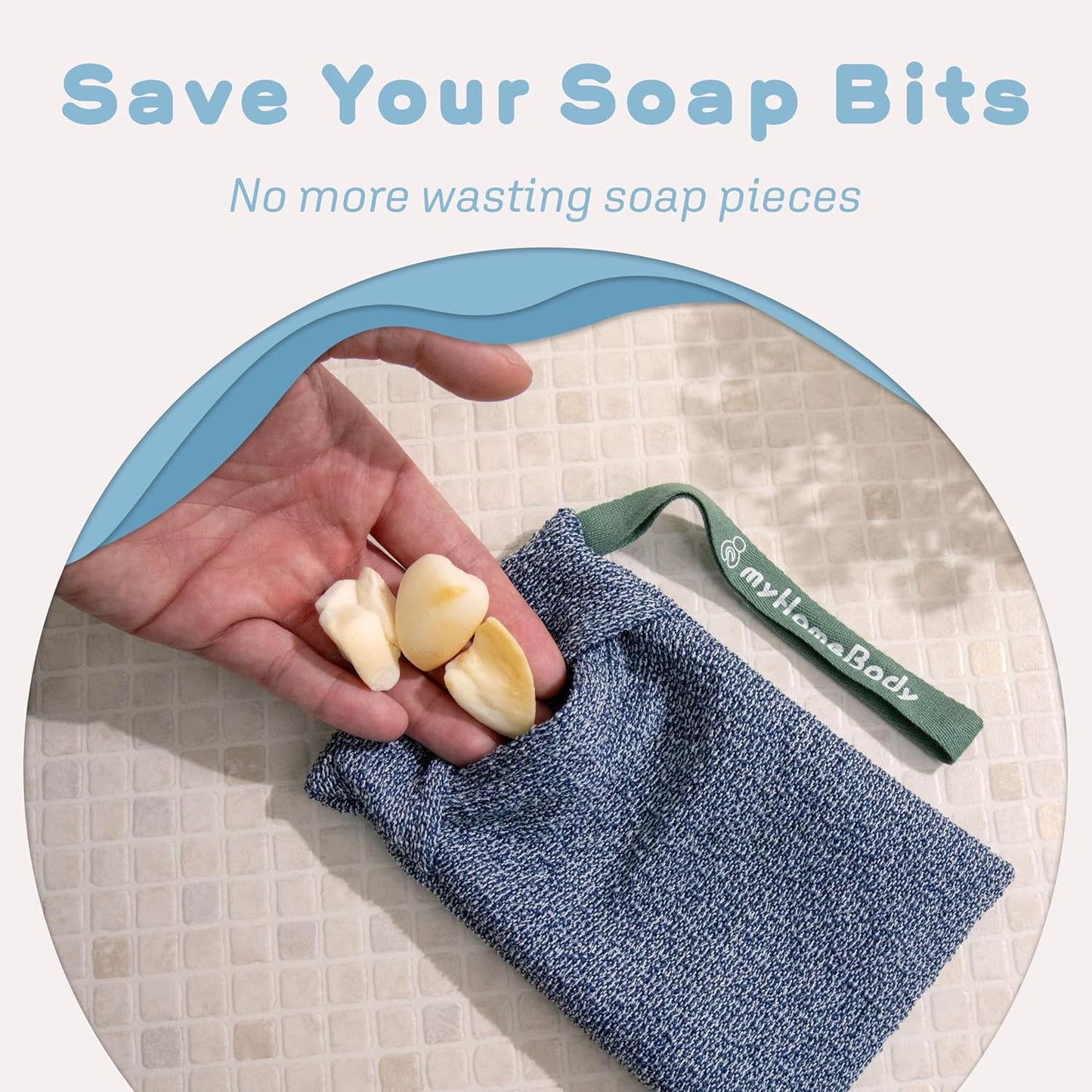 myHomeBody Soap Pocket for Strong Exfoliating, Lather Mesh Bag, Body Scrubber Exfoliator, Pouch for Shower, Leftover Bits Saver, Dark Blue, Gray - 2 Pack