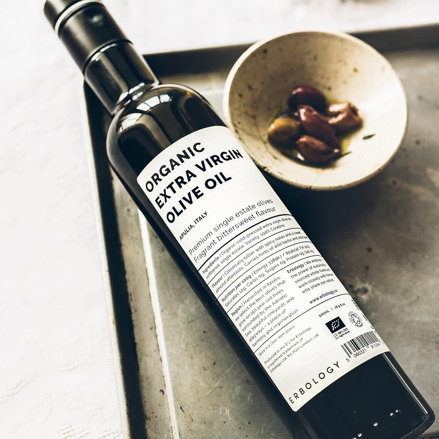 Erbology Organic Extra Virgin Olive Oil 17 fl oz - Early Harvest - 742 mg/kg Polyphenols - 0.15% Free Acidity - 100% Coratina Olives Hand-Picked and Pressed on a Family-Run Single Estate in Apulia, Italy