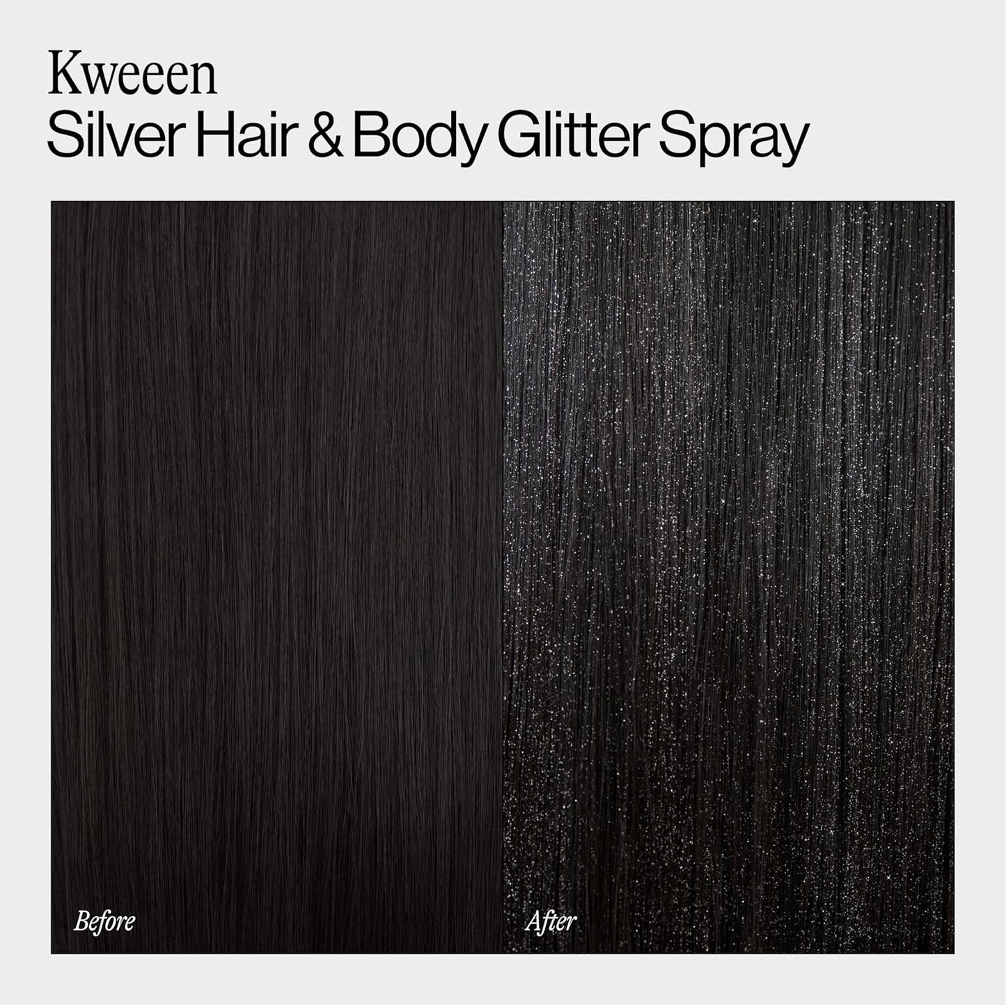 Eva NYC Kweeen Silver Hair and Body Glitter Spray Set - Original Ultra Shimmery Glitter, New Look - Adds Shine + Non-Sticky - Quick Drying Spray - Warm Vanilla Scent - Full Size + Travel Size Gift Set