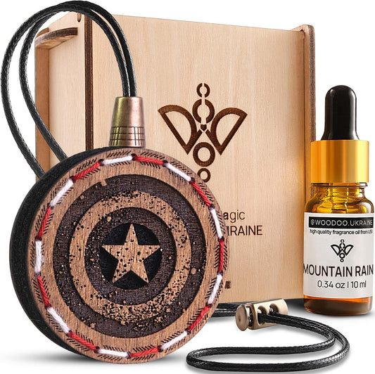 Wood Car Air Freshener — Handmade Car Air Freshener — Captain Shield Designed Fragrance Oil Diffuser in Wooden Gift Box — Aromatherapy Gift Set with Mountain Rain Fragrance Oil - 10 ml