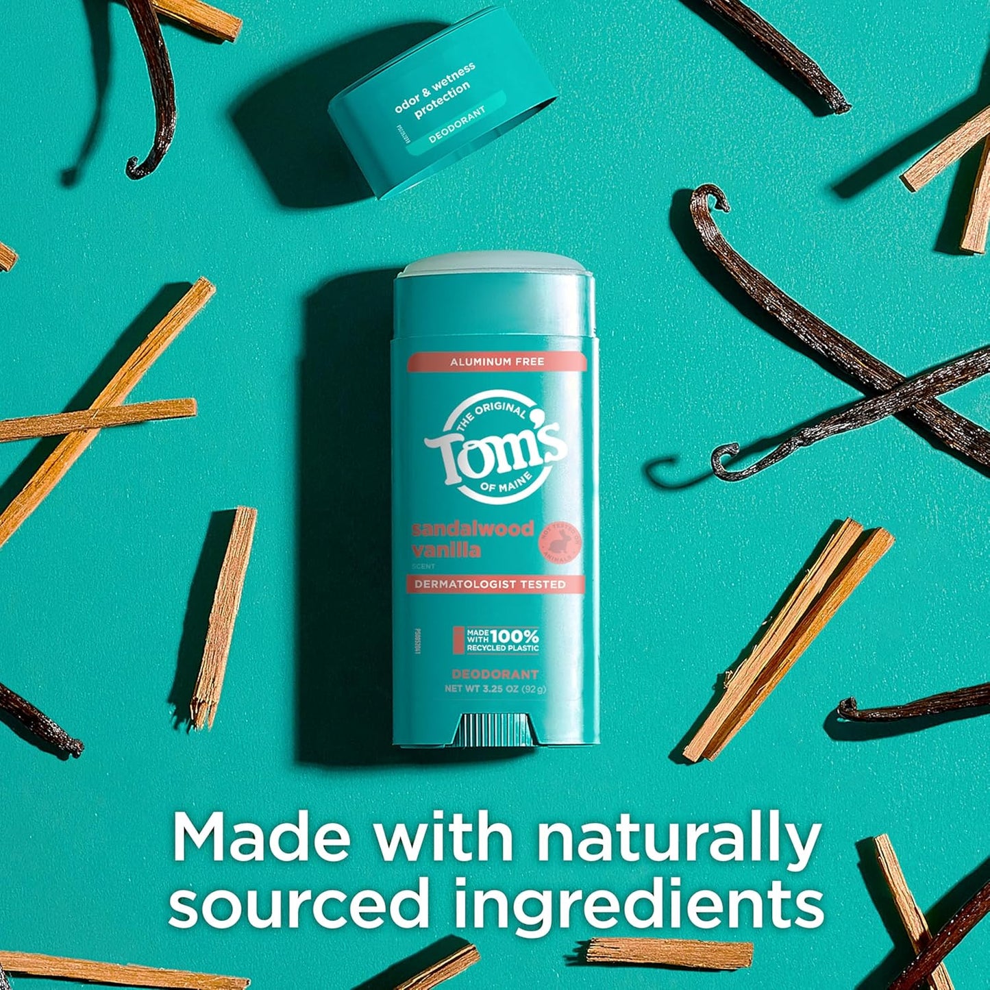 Tom’s of Maine Sandalwood Vanilla Aluminum Free Natural Deodorant For Women & Men | Goes on Clear | Odor & Wetness Protection | Naturally Derived and Moisture-Locking Ingredients | 3.25 oz (2 Pack)