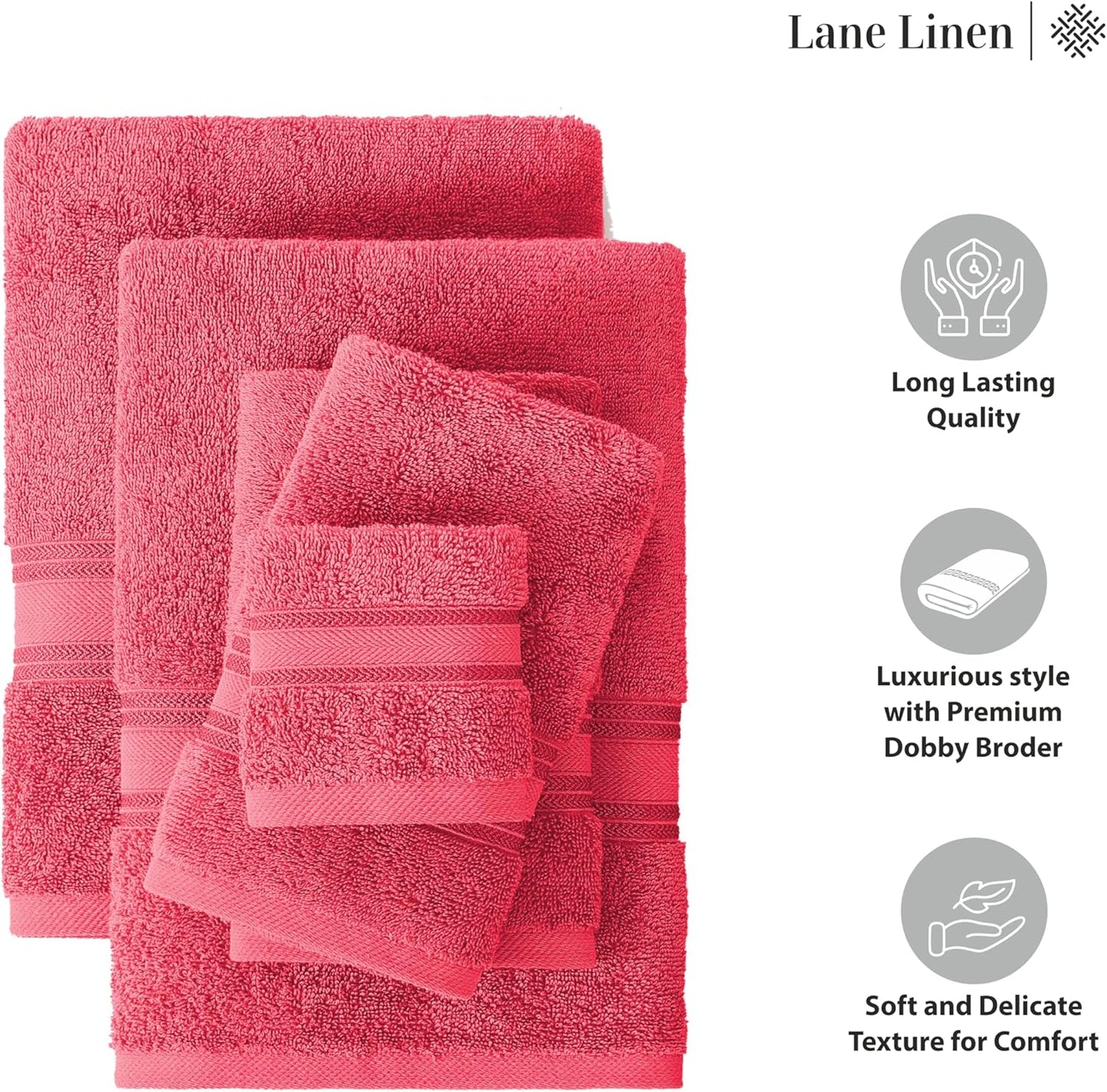 LANE LINEN Luxury Bath Towels Set - 12 Pieces, 100% Cotton Bathroom Towels, Zero Twist, Quick Dry Absorbent Bath Towel, Super Soft Gym Towel, 4 Bath Towels, 4 Hand Towels, 4 Wash Cloths - Honeysuckle