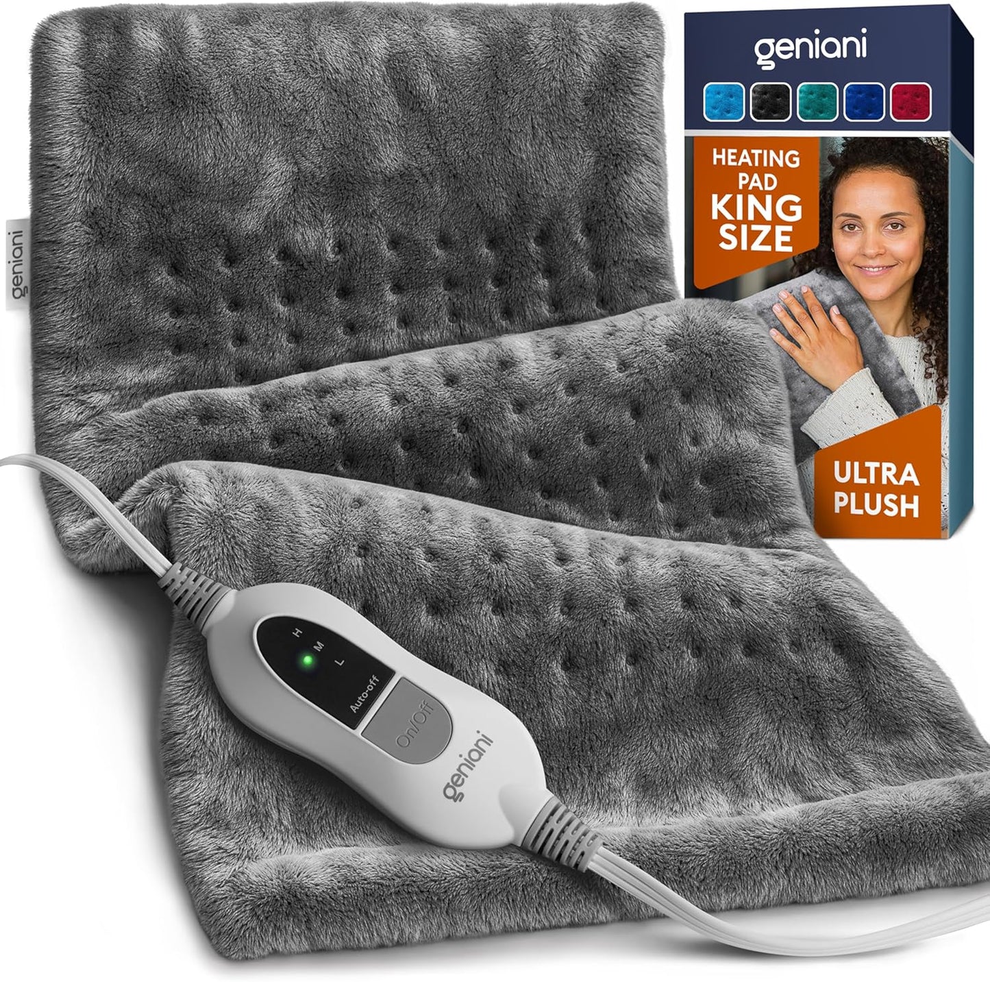 GENIANI Electric Throw - XL Electric Heating Pad for Back Pain & Cramps Relief, Birthday for Women Men Auto Shut Off, Machine Washable, Heat Pad for Neck & Shoulder, 12×24", Tabby Gray