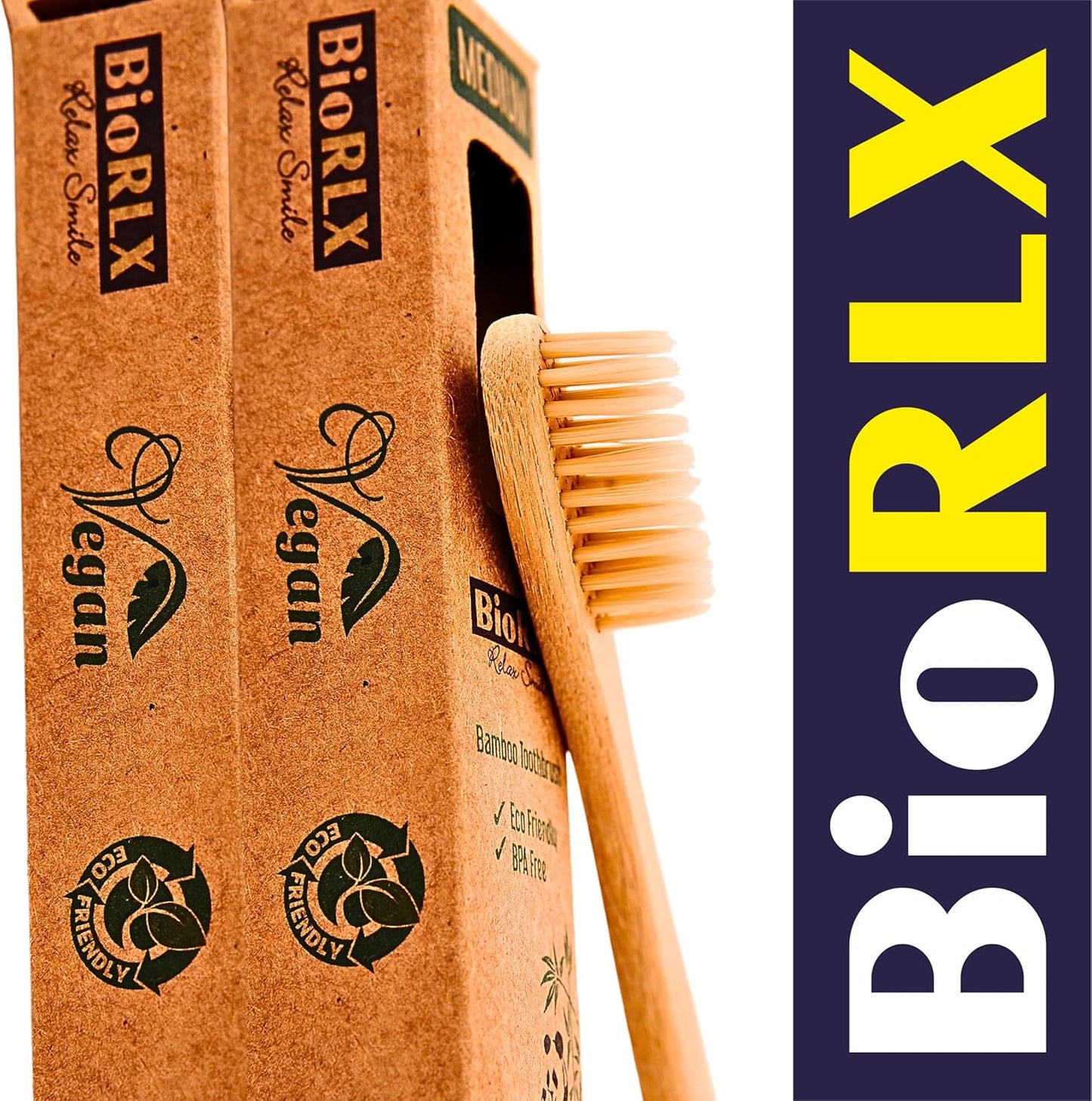 BioRLX Bamboo Toothbrush - Biodegradable Wooden Toothbrushes, Natural BPA Free - Wooden Toothbrush, Eco-Friendly - Compostable and Durable (One Piece, Medium)