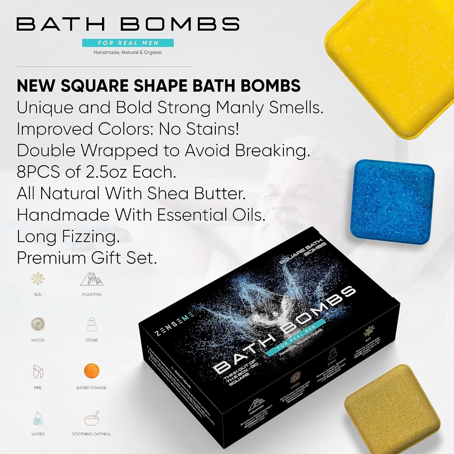 Bath Bombs for Men - Gift Set of 8 Scented Organic Handmade Natural Bath Bombs of 2.5 oz w/Natural Essential Oils, Unique Extra Strength Manly Scents, for Boyfriend, Husband, Father - Square Shape