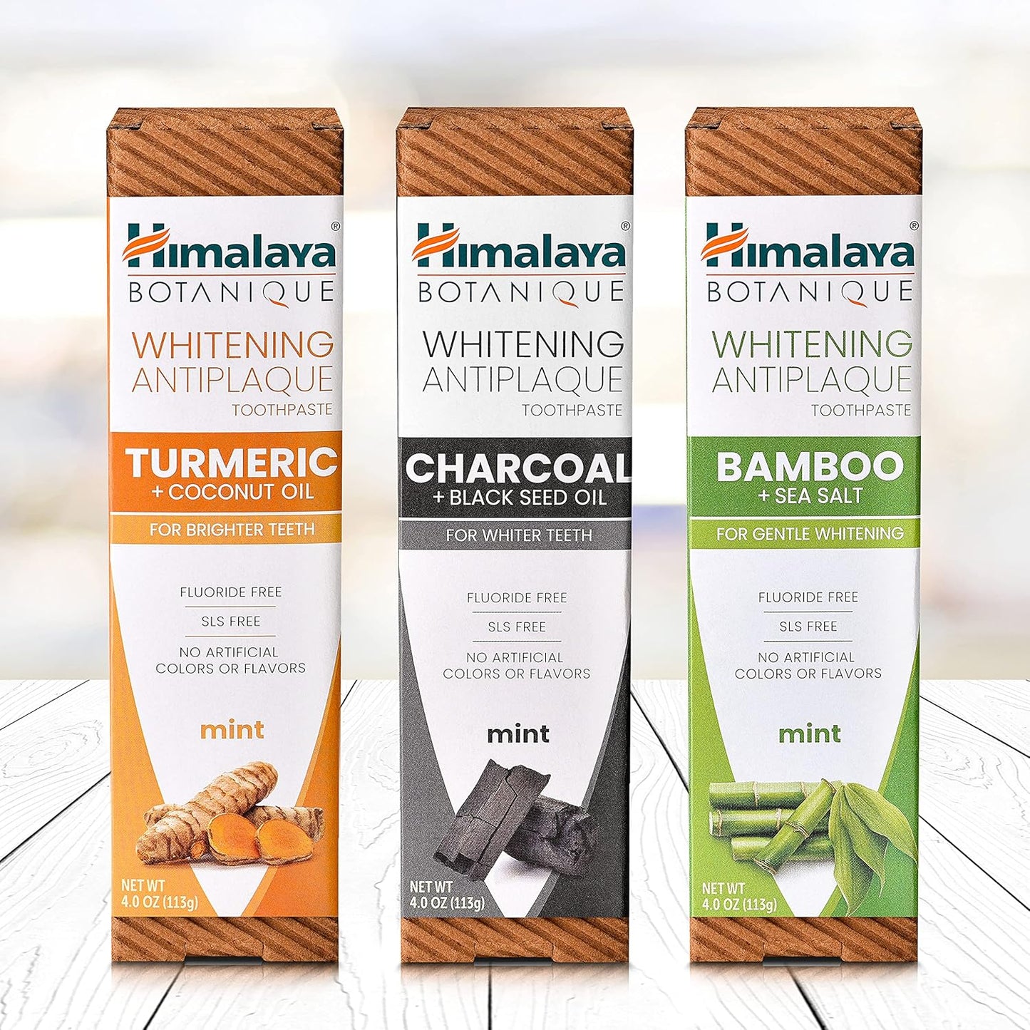 Himalaya Botanique Whitening Antiplaque Toothpaste with Bamboo + Sea Salt, Fluoride Free, for Gentle Whitening, 4 oz, 4 Pack