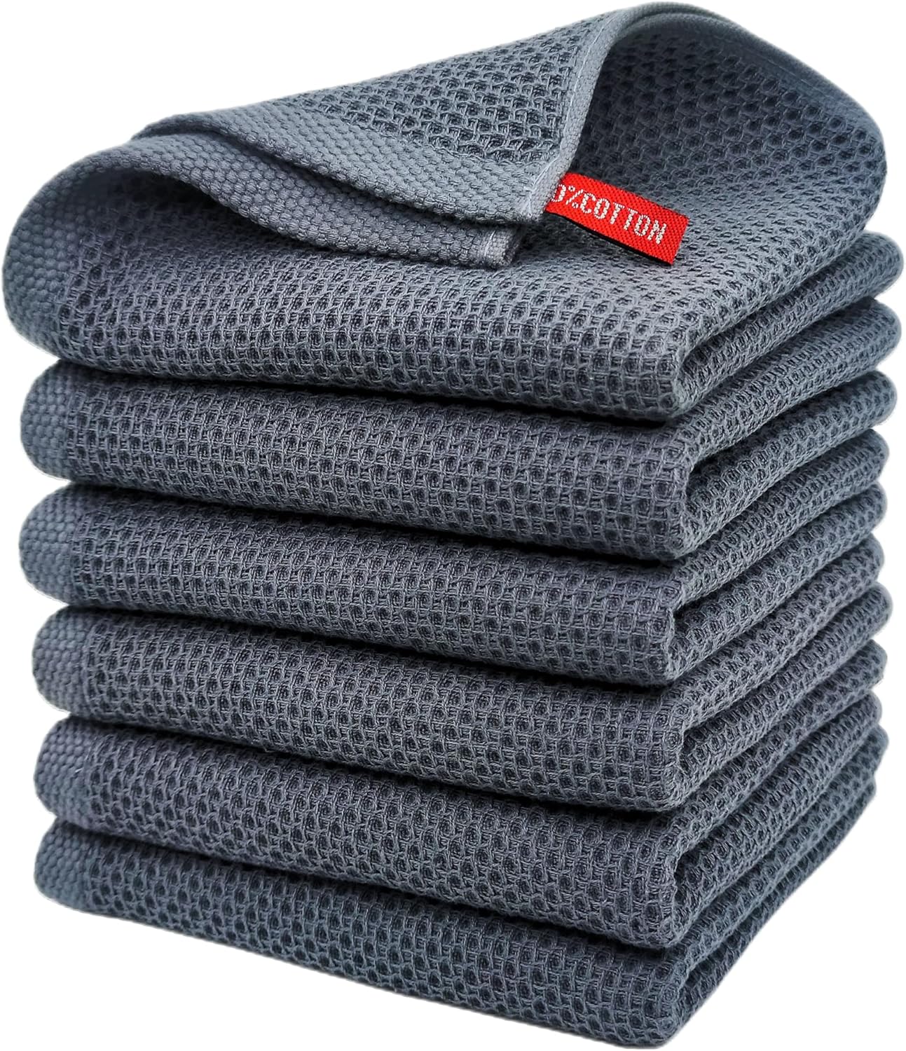 Kitchen Towels 100% Cotton Waffle Weave Dish Towel for Cleaning Drying Dishes Extra Absorbent and Soft, Dish Cloth,13 x 28 in (Darkgrey-6 Pack)