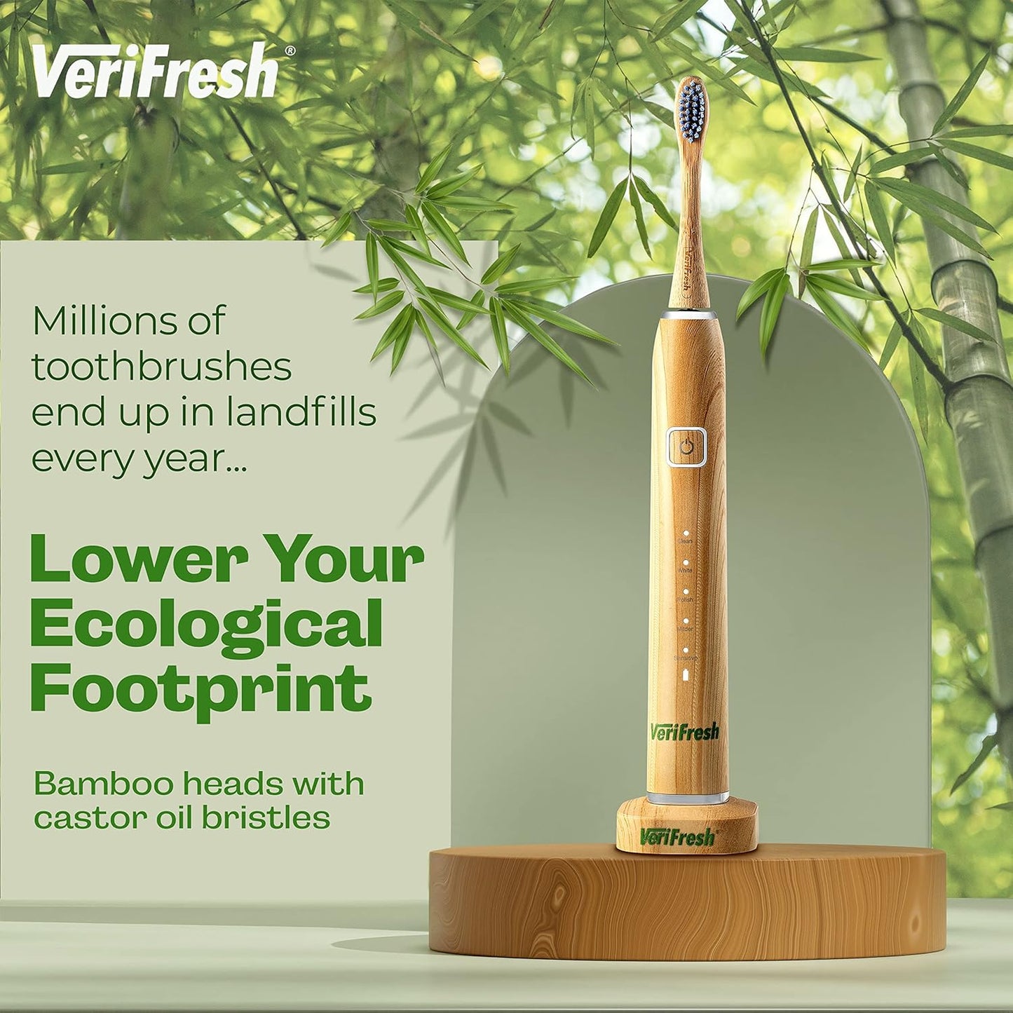 Sonic Bamboo Toothbrush - Biodegradeable Bamboo Heads with Castor Oil bristles - Includes 2 Brush Heads