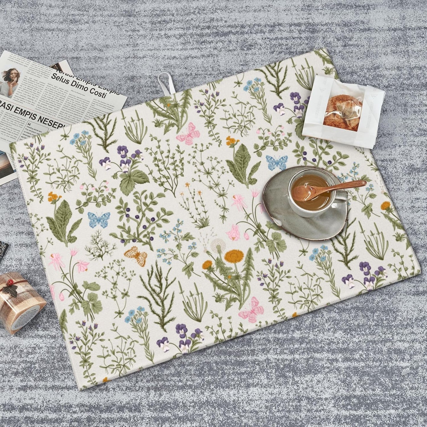 Vintage Floral Spring Summer Dish Drying Mat for Kitchen Counter, Herbs and Wild Flowers Drying Pad 18x24 Inch Absorbent Reversible Cute Botanic Dish Drainer Rack Mats